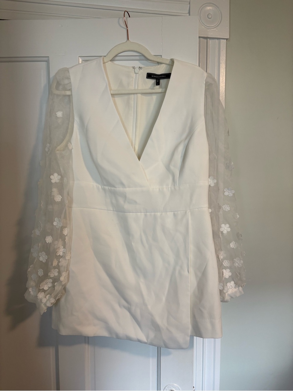 BCBG White Mini Dress with Floral Sheer Puff Sleeves